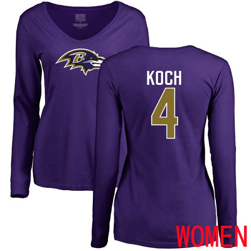 Baltimore Ravens Purple Women Sam Koch Name and Number Logo NFL Football #4 Long Sleeve T Shirt->women nfl jersey->Women Jersey